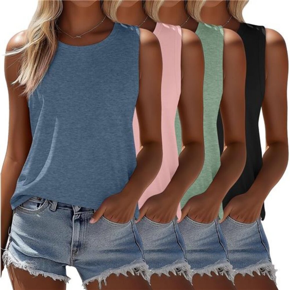 4 Pack Women's Sleeveless Tops, Casual Summer Loose Fit T Shirts Solid